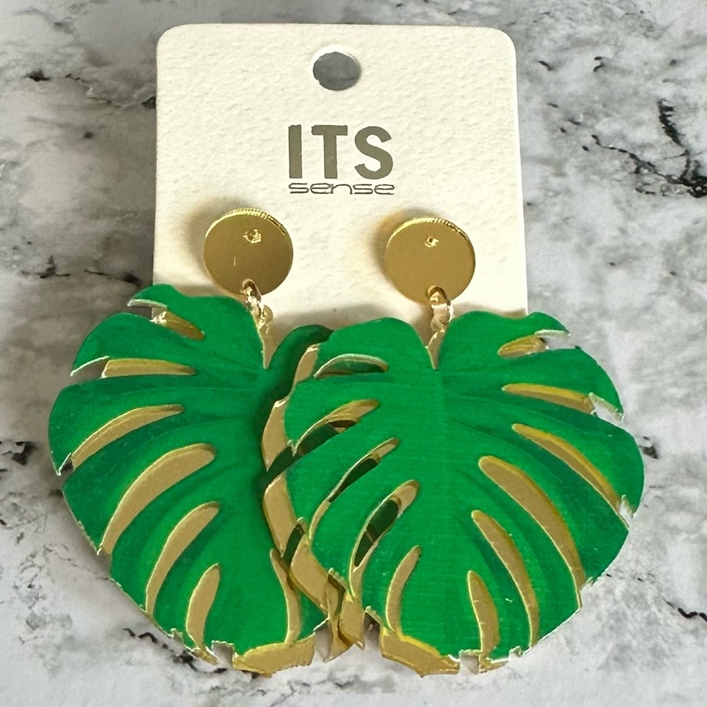 Green and Gold Monstera Earrings